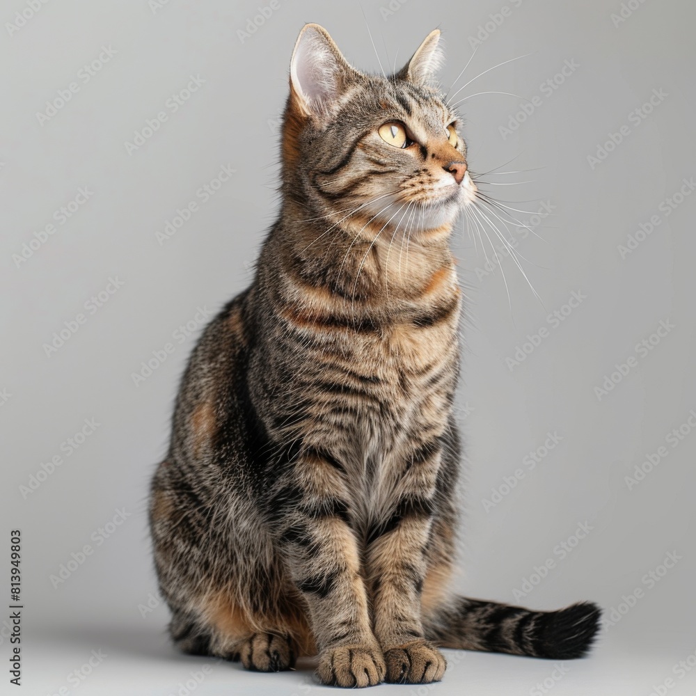 Studio portrait of a tabby cat gazing upward with attentive eyes, showing a sharp profile against a neutral background. Studio portrait of a tabby cat gazing upward with attentive eyes, showing a sharp profile against a neutral background.