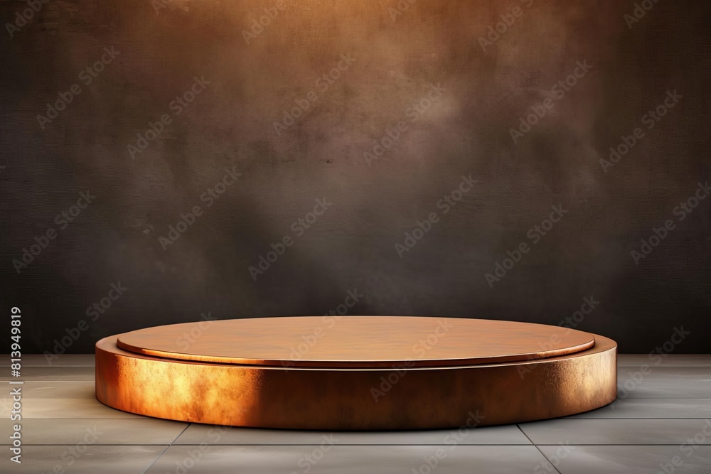 Bronze-themed podium with metallic, aged surfaces, set against a minimalist, bronze background, perfect for showcasing products with a historical and sturdy character. Copy space Bronze-themed podium with metallic, aged surfaces, set against a minimalist, bronze background, perfect for showcasing products with a historical and sturdy character. Copy space