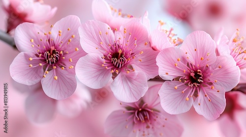   A close-up of pink flowers on a branch with water droplets on petals and yellow stamens visible