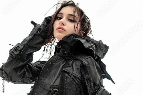 pretty young woman Futuristic cyberpunk fashion pose photo on white isolated background
