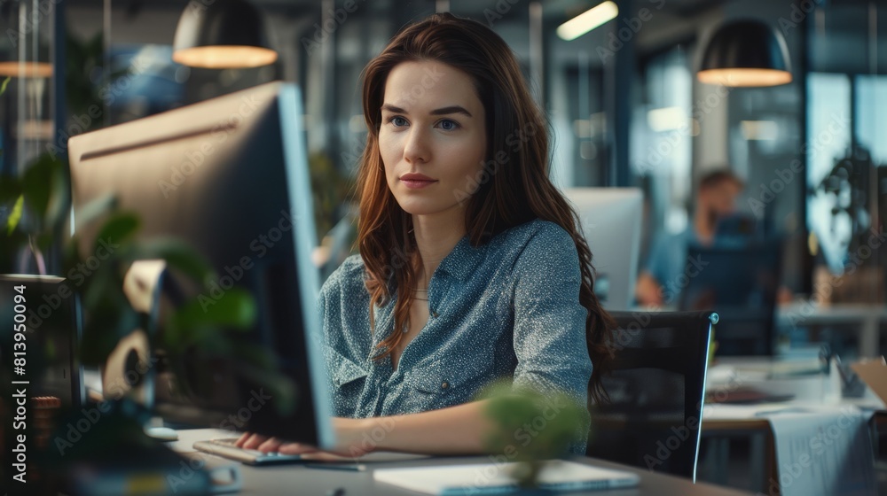 A young woman working on a computer in a modern office. A female chief manager sends an email advice to a software engineer. A young woman working on a computer in a modern office. A female chief manager sends an email advice to a software engineer.