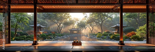 Generate an image of a Confucian temple or academy where scholars and students gather to study classical texts engage in moral cultivation and uphold Confucian ideals. photo