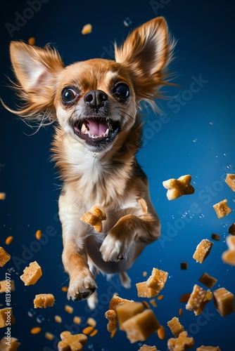 Excited chihuahua with dog food  dynamic food pieces flying  deep blue background  wide angle  high energy