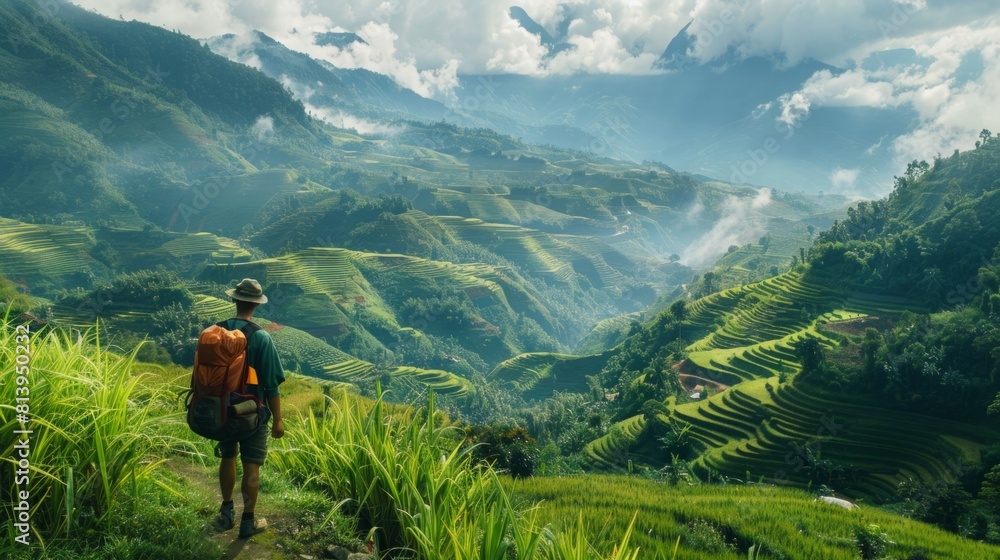A person with a backpack walking up a steep hill. A person with a backpack walking up a steep hill.