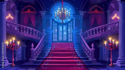 At night  a royal palace hallway with stairs. An illustration of a medieval castle interior design featuring a carpet on the staircase  chandeliers with candles  and a Gothic door upstairs. A