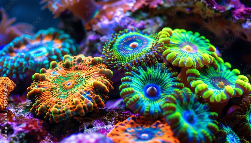 Vibrant corals in rich hues, spotlight effect, undersea rock base, macro shot, detailed texture visible Vibrant corals in rich hues, spotlight effect, undersea rock base, macro shot, detailed texture visible