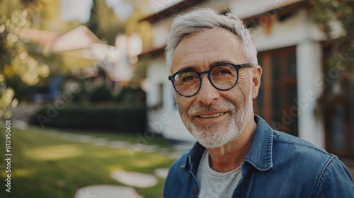 Cheerful Senior Man with Gray Hair Wearing Glasses Standing Outside in Front of a Residential Area Home. Looking At Camera and Smiling. photo