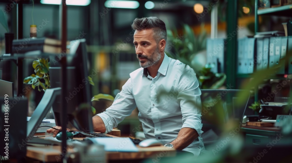 A focused businessman works at his desk in a modern office, surrounded by computers and paperwork. A focused businessman works at his desk in a modern office, surrounded by computers and paperwork.