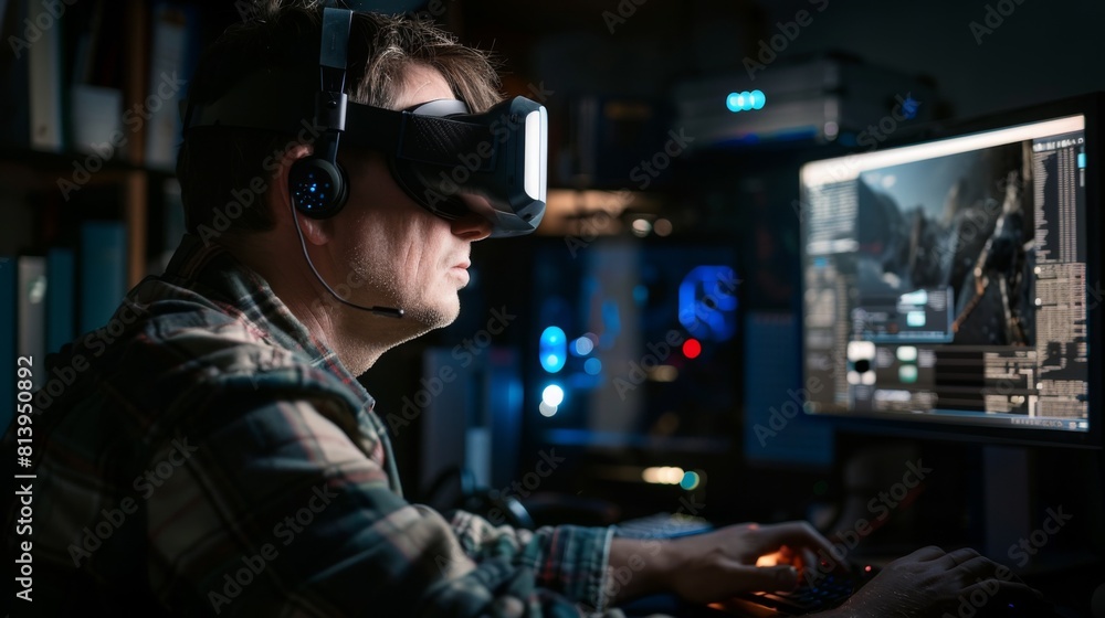 Mature businessman in virtual reality headset sits at a desk with monitors and a backlit keyboard. Mature businessman in virtual reality headset sits at a desk with monitors and a backlit keyboard.
