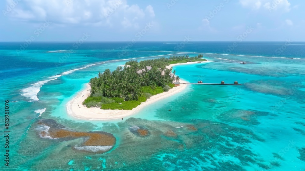 Aerial view of a stunning atoll with a vibrant blue lagoon, surrounded by coral reefs and a small island with lush greenery.