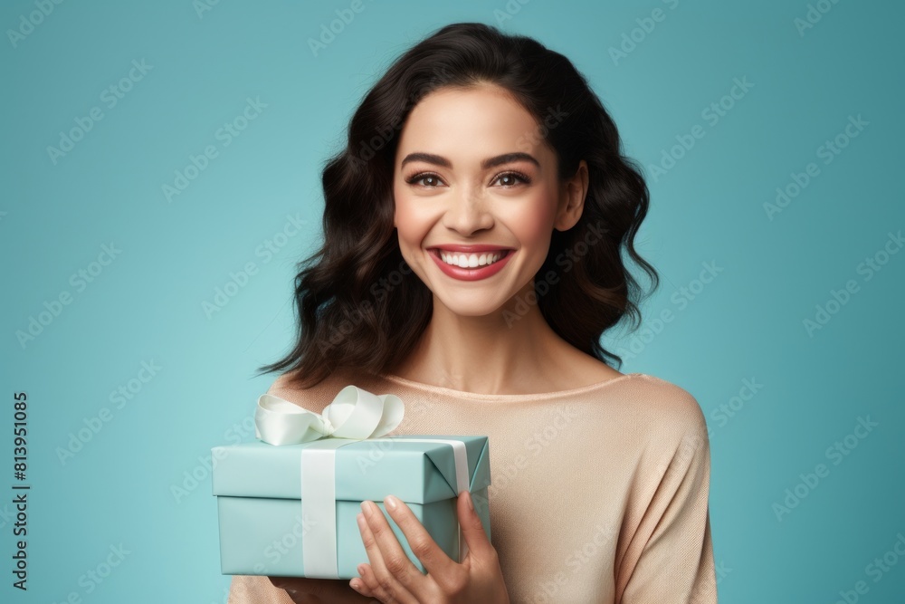Portrait of a glad woman in her 30s holding a gift over pastel blue background Portrait of a glad woman in her 30s holding a gift over pastel blue background