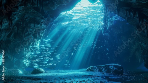 Sunlight streams into an underwater cave, illuminating schools of fish in a magical, serene underwater setting. © Yanopas