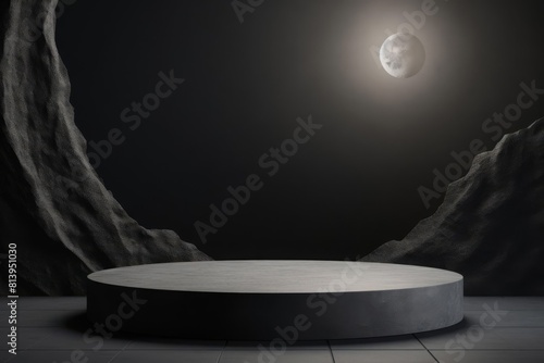 Moon-themed podium with cratered, gray surfaces, set against a minimalist, night background, perfect for showcasing products with a mysterious and celestial character. Copy space