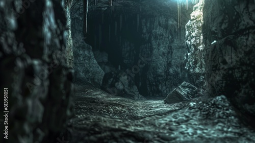 Mysterious and eerie underground cave scene, with dim sunlight filtering through crevices, highlighting rugged rock textures.