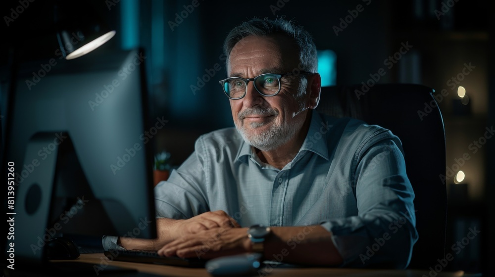 A smiling mature businessman sits by a desktop PC in a dark office, portraying professionalism and contentment. A smiling mature businessman sits by a desktop PC in a dark office, portraying professionalism and contentment.