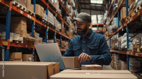In this picture, a successful small business owner is making a small cardboard parcel for the post office. A stylish young inventory manager, working on his laptop in a warehouse facility, is