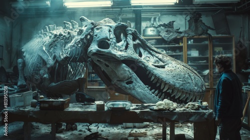 A person stands in a room with a large dinosaur skull and various specimens  creating an eerie atmosphere.