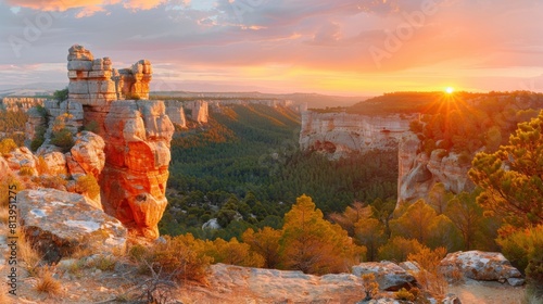 A stunning sunset over a majestic rocky landscape with vibrant colors and light.