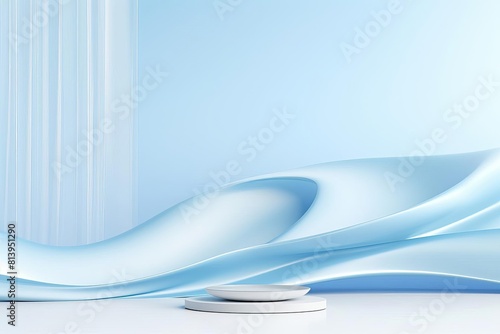 Wind-themed podium with flowing, abstract surfaces, set against a minimalist, sky blue background, perfect for showcasing products with a dynamic and airy character. Copy space