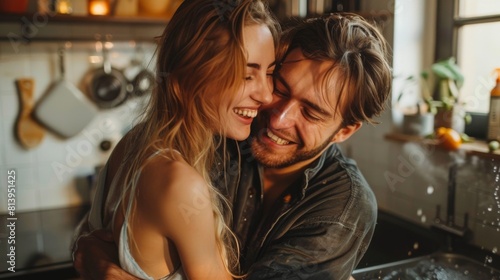 A happy woman embraces a smiling man as he washes his hands in a cozy kitchen setting.