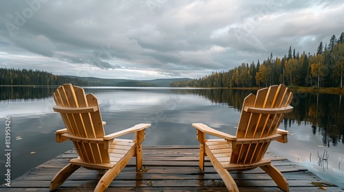 Two empty wooden chairs on a pier overlooking a calm lake with a forest backdrop and cloudy sky.