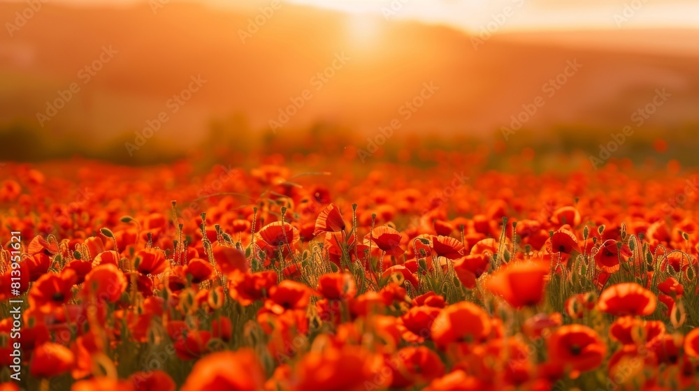 Vibrant red poppy field basking in golden sunset light with rolling hills in the background.
