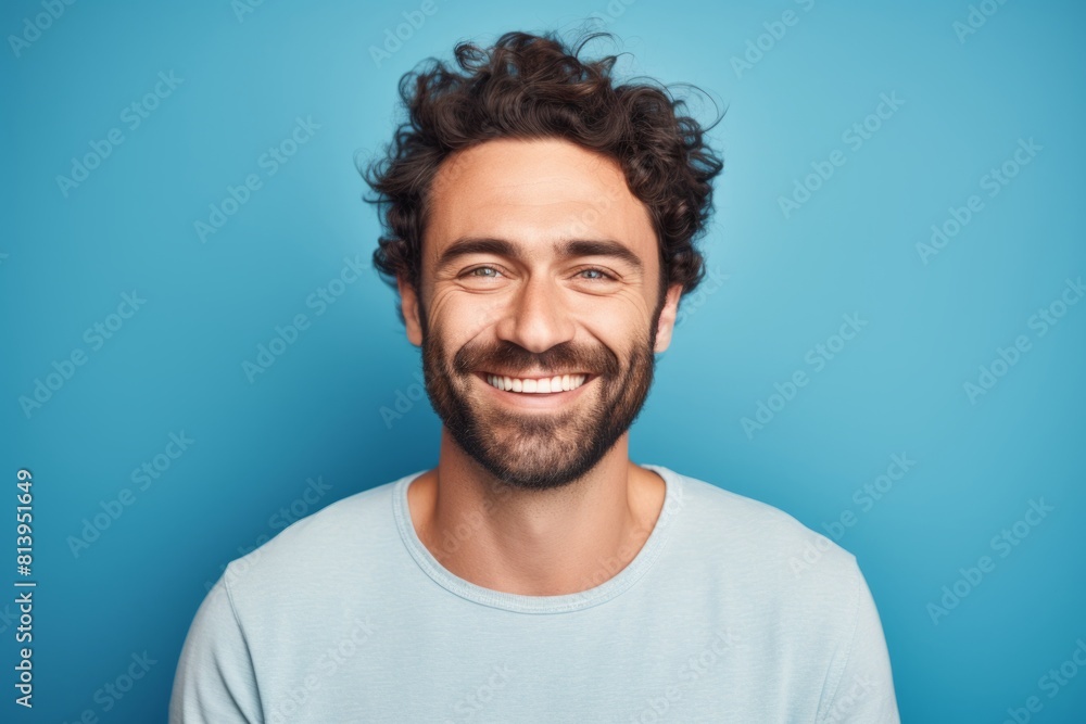 Portrait of a happy man in his 30s smiling at the camera over pastel blue background Portrait of a happy man in his 30s smiling at the camera over pastel blue background