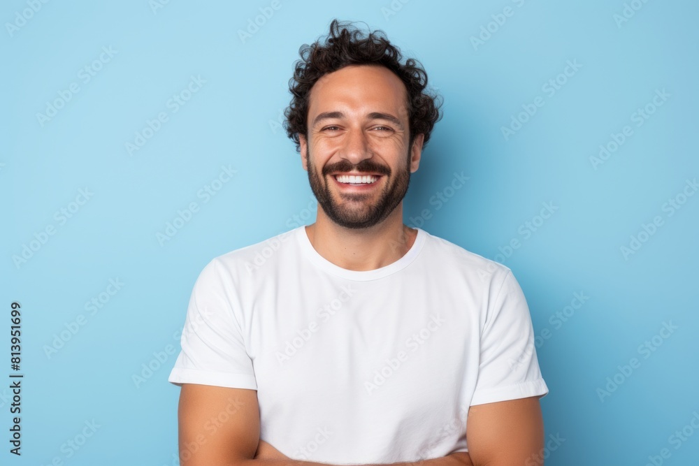 Portrait of a happy man in his 30s smiling at the camera isolated on pastel blue background Portrait of a happy man in his 30s smiling at the camera isolated on pastel blue background