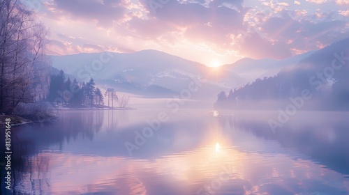 Mist hovers over Lake Placid at sunrise, with a pastel sky reflecting on calm waters framed by forested mountains.