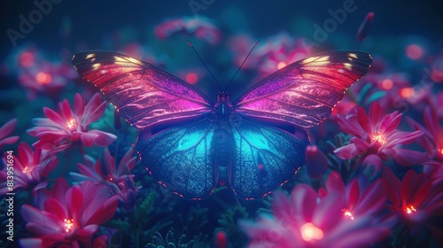   Blue and pink butterfly on field of pink and purple flowers against dark blue background © Liel