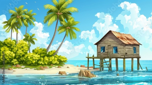 The house on stilts is situated in the sea. This is a modern cartoon illustration of a beach house with wooden old pier, tropical forest trees on the island shore, and a blue sky with clouds on a photo