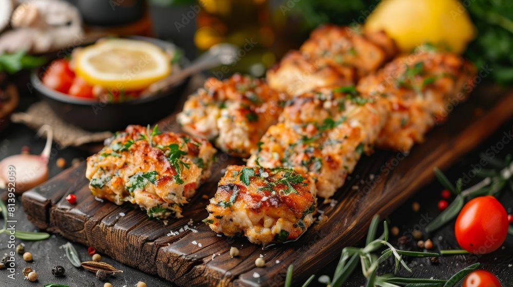 Delicious fish tapas garnished with fresh herbs on a rustic wooden board, surrounded by tomatoes, lemon, and spices.