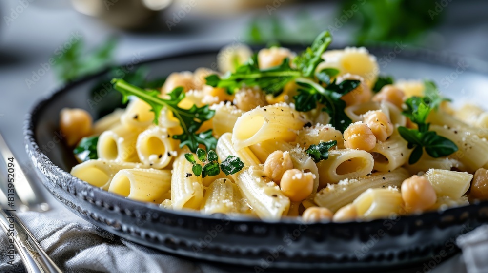 Close-up of a bowl of pasta with chickpeas garnished with herbs. Close-up of a bowl of pasta with chickpeas garnished with herbs.