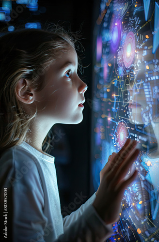 Enhance the intelligence and creativity of a young girl who is gazing at a futuristic holographic display of information