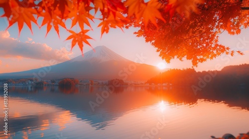 A serene view of Mount Fuji framed by vibrant red autumn leaves  with the mountain s reflection on a tranquil lake at sunset.