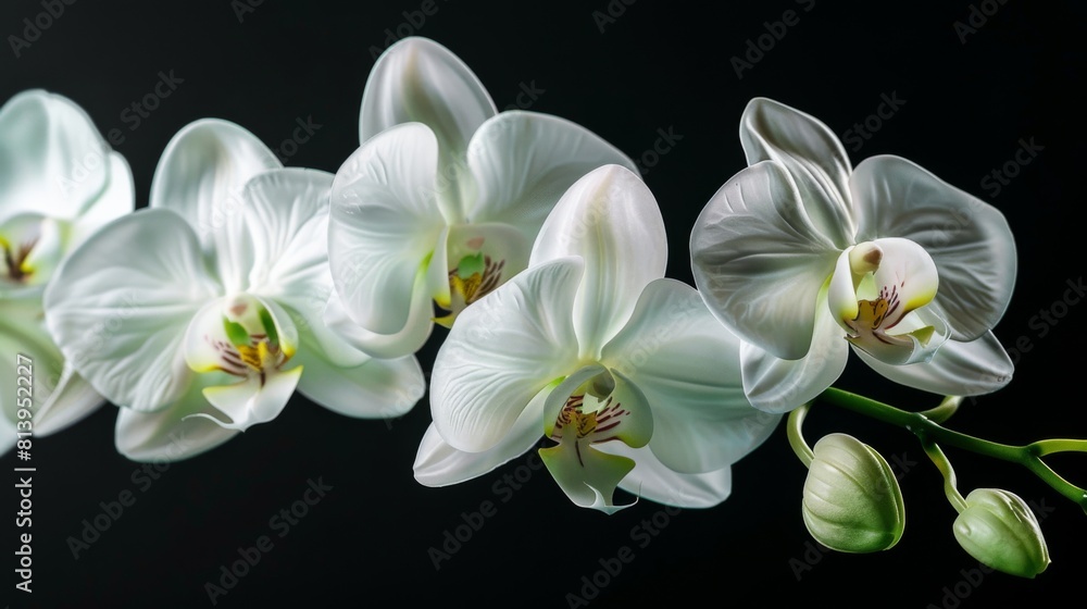 Naklejka premium Close-up of a white orchid with delicate petals in bloom, set against a dark background, highlighting its elegant beauty.