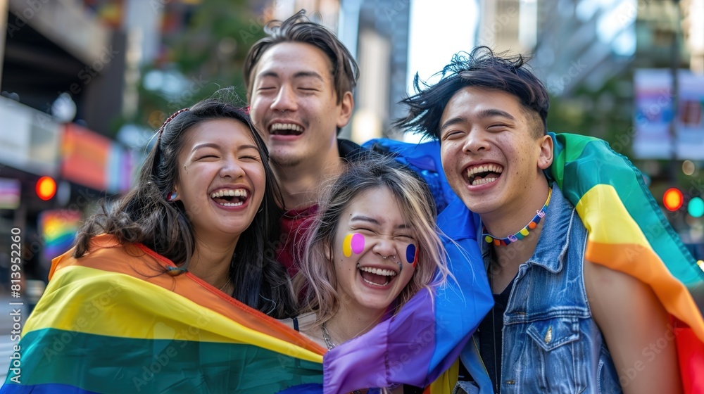 Three young adults, an Asian woman, a Caucasian man, and a Hispanic non-binary individual, laughing and draping themselves with pride flags in a city's public square. LGBTQ, pride flags, friends, Three young adults, an Asian woman, a Caucasian man, and a Hispanic non-binary individual, laughing and draping themselves with pride flags in a city's public square. LGBTQ, pride flags, friends,