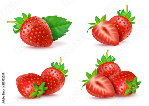 Isolated strawberry. 3d red whole and half fruit, fresh sliced sweets for summer juice, delicious realistic berry compositions. Smoothie and yogurt packaging design. Vector isolated food