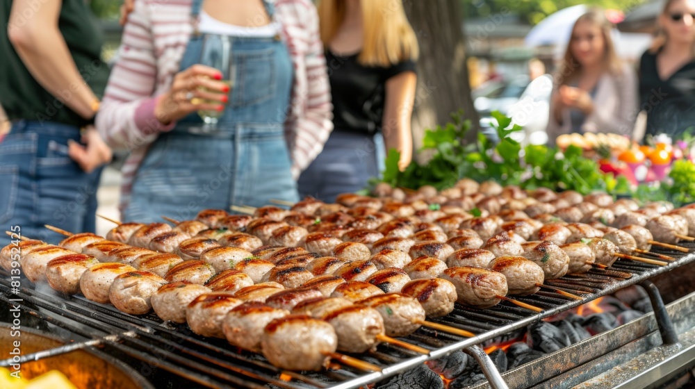 Juicy grilled meats cooking on a barbecue, with people socializing in the background at an outdoor event.