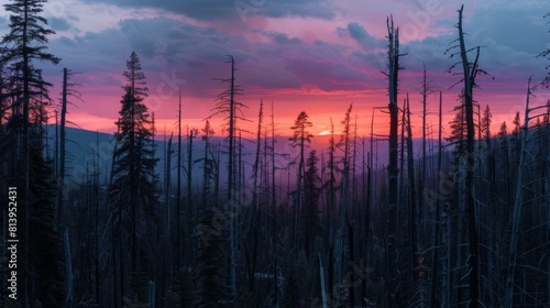 Silhouettes of dead trees in a forest ravaged by fire stand against a sunset sky with purple and orange hues in California.