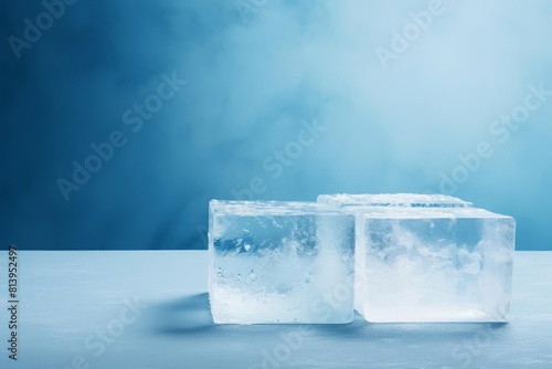 Frost-themed podium with icy, textured surfaces, set against a minimalist, cool blue background, perfect for showcasing products with a crisp and refreshing character. Copy space