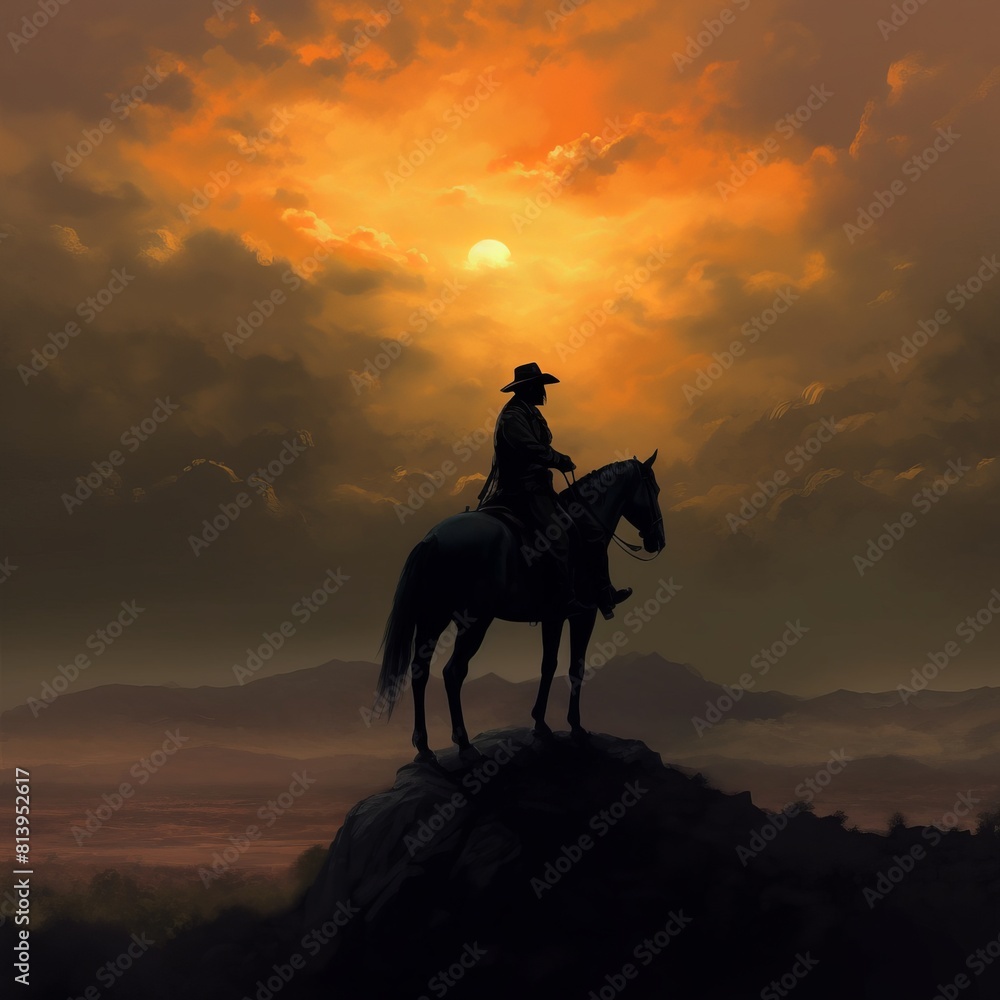 Cowboy atop mountain riding horse at sunset with sky and clouds in background