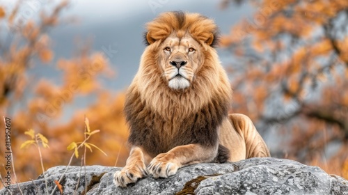 Majestic lion lying on a rock surrounded by autumn foliage with a soft-focus background.
