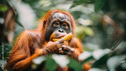 An orangutan with expressive eyes is eating a banana among lush greenery.