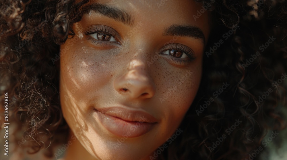 Portrait of a Dark-Skinned Multiethnic Brunette with Curly Hair and Brown Eyes. A Happy Creative Young Woman looking at the camera and charmingly smiling. Portrait of a Dark-Skinned Multiethnic Brunette with Curly Hair and Brown Eyes. A Happy Creative Young Woman looking at the camera and charmingly smiling.