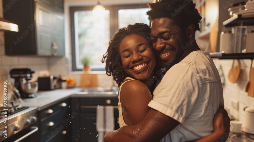 A joyful woman embraces a man who is washing his hands in a cozy kitchen setting, both smiling brightly.
