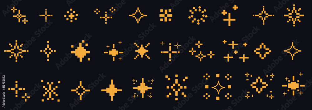 Pixel art stars. Retro decorative night pixelated sparkling elements. Yellow and gold star and glitter for mobile games. Vector 8-bit retro style illustration.