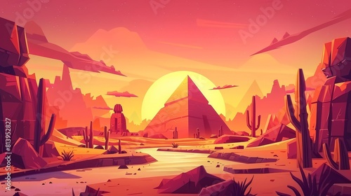 An ancient nile river scene with wild cactus and river cartoon illustration  a great stone tomb with an orange cloud in the sky. An Egyptian pyramid in the desert oasis at sunset. An ancient nile