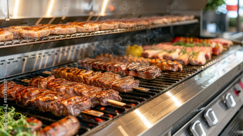 Juicy grilled meats cooking on a barbecue grill with smoke rising, depicting a mouth-watering outdoor BBQ scene.