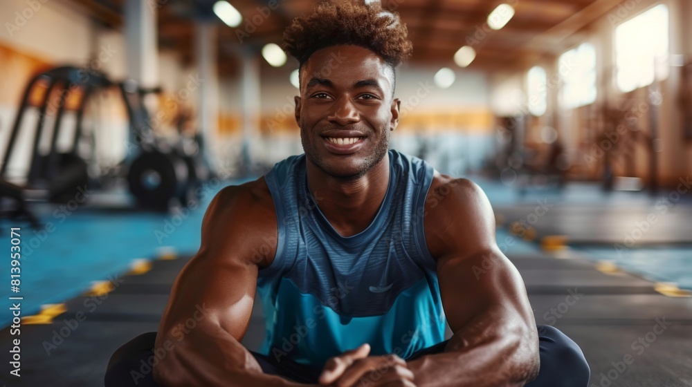 Fit young man in sportswear smiling and sitting comfortably in a gymnasium with exercise equipment in the background. Fit young man in sportswear smiling and sitting comfortably in a gymnasium with exercise equipment in the background.